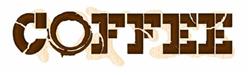 Playful coffee-themed text with bold wood-like letters spelling ‘COFFEE’, accented by coffee bean motifs.