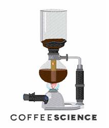 Stylized coffee brewing apparatus with glass and metal elements, showcasing coffee grounds, vividly depicting science.