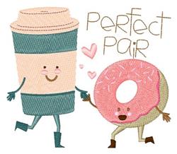 Whimsical coffee cup with a green band and a smiling pink frosted doughnut, featuring playful expressions. Perfect pair.