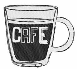 Minimalist coffee cup filled with dark liquid, featuring 'CAFE' in bold lettering against a black and white palette.