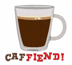 Coffee cup filled with dark brew, featuring playful 'CAFFIEND!' text in bold colors, for kitchen use.