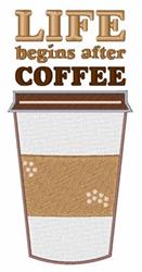 Playful coffee cup design with cheerful text 'LIFE begins after COFFEE' in contrasting colors, perfect for kitchen décor.