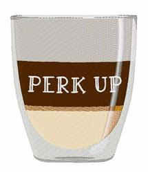 Playful coffee cup with dark brown, light brown, and cream color bands, featuring 'PERK UP' text.