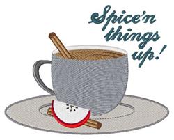 Coffee cup with warm drink, cinnamon stick, and apple slice on a plate, playful fall theme.