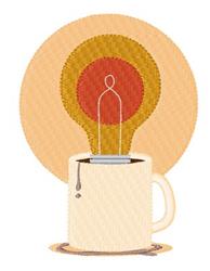 Whimsical coffee cup design with cream color below a warm light bulb in red and orange hues, perfect for a cozy kitchen.