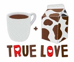 Playful coffee cup filled with rich brown coffee beside a charming milk carton, featuring 'TRUE LOVE' in whimsical font.