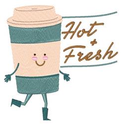 Whimsical coffee cup with a smiling face in pastel colors and 'Hot + Fresh' text, perfect for casual coffee events.