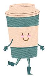 Playful coffee cup with arms, smiling face, and boots, cheerfully designed for spring-themed kitchen towels.