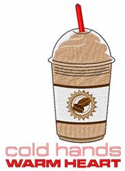 Playful coffee cup with a frothy top, red straw, and coffee bean emblem, featuring 'cold hands WARM HEART' text.
