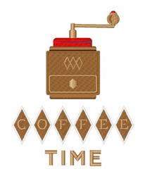 Vintage coffee grinder with warm browns and a vibrant red top, featuring playful 'COFFEE TIME' text and colorful diamonds.