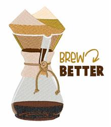 Stylized coffee maker with rich textures and shades of brown, cream, and green; playful 'BREW BETTER' text.