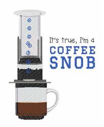 Playful coffee brewing device with a coffee cup underneath, featuring rich colors and the text 'I'm a COFFEE SNOB.'