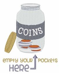 Playful jar with coins labeled 'COINS' in light gray, accompanied by gold text saying 'empty your pockets HERE'.