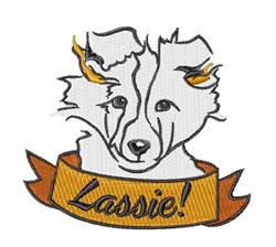 Playful collie face design with expressive eyes and stylized fur, featuring an orange banner saying 'Lassie!'
