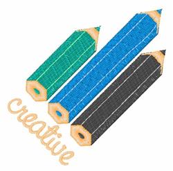 Colored pencils in playful shades of green, blue, and black with textured details, featuring 'Creative' text beneath.