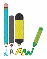 Colorful pencil, crayon, and marker arranged with the word 'draw' in playful letters. Perfect for kids' themes.