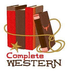 Colorful book stack tied with a lariat, featuring vibrant reds and browns, playful star element, western theme.