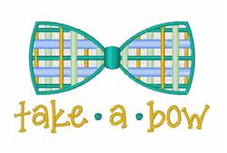 Playful bow with a vibrant plaid pattern and 'take a bow' text, perfect for colorful embroidery projects.