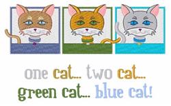 Playful cat faces in vibrant colors, featuring an orange, gray, and blue cat with unique expressions.