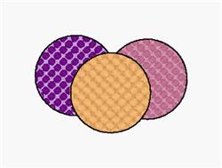 Colorful circles in purple, orange, and pink with textured details on a plain background, perfect for modern decor.