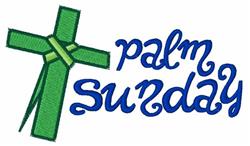 Colorful cross featuring a textured green design and swirly blue text 'palm Sunday', perfect for Easter.