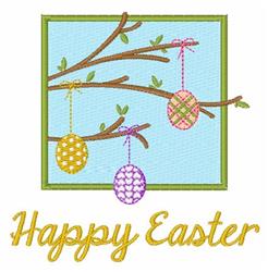 Colorful Easter eggs with playful patterns hang from a green branch, framed in a cheerful design for Easter.