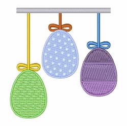 Colorful decorative hanging Easter eggs in green, blue, and purple with playful ribbons and bows, perfect for festive decor.