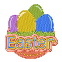 Colorful Easter eggs in pastel shades on green grass, with bold 'Easter' text featuring a rainbow outline.