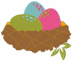 Colorful basket with decorated eggs nestled in a textured brown nest, surrounded by vibrant leaves, perfect for Easter.