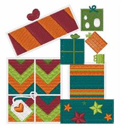 Festive gift boxes adorned with hearts and stars, showcasing vibrant red, green, and blue patterns.