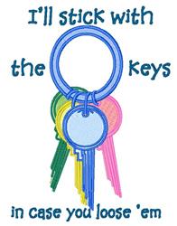 Key Fob with a playful design featuring colorful keys in green, blue, pink, and yellow with cheerful text.