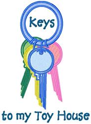 Colorful key fob with green, blue, yellow, pink, and purple keys, featuring 'Keys to my Toy House' text in playful font.