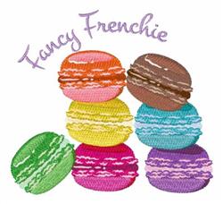 Colorful macarons in playful shades of pink, green, orange, and brown with glossy icing, featuring 'Fancy Frenchie' text.