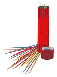 Red spool of thread with colorful threads spilling out, next to a roll of tape on a flat surface, playful design.