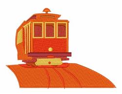 Stylized train with vibrant orange hues and colorful accents on tracks, showcasing playful design details.