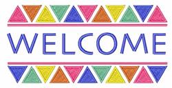 Colorful welcome text with bold blue lettering surrounded by vibrant triangles for seasonal decor.