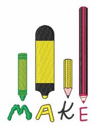 Colorful writing instruments in vibrant hues alongside playful 'MAKE' lettering, ideal for back-to-school creativity.