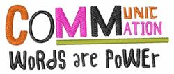 Colorful text design featuring 'COMMUNICATION' in vibrant pink, black, and green shades, with 'Words are Power' below.