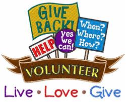 Playful banners promoting volunteerism with bright phrases 'Give Back!' and 'Volunteer!' in vibrant colors.