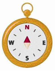 Compass design with gold frame, white face, and black cardinal direction letters, featuring a red arrow pointing north.