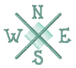 Compass rose design featuring soft green N, E, S, W letters, bold intersecting lines, and a diamond shape in a modern style.