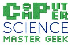 Playful machine embroidery featuring 'COMPUTER SCIENCE' in green and 'MASTER GEEK' in blue. Bold, blocky typography.