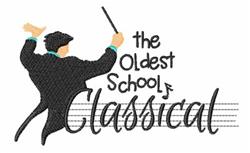 Conductor figure in a black suit confidently gestures with a baton, surrounded by musical notes and playful text.