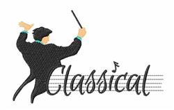 Playful conductor in a black suit with a baton, surrounded by musical notes and staff lines.