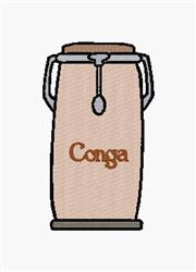 Conga drum with a light beige body, silver lid and spoon, featuring playful 'Conga' text in warm brown.