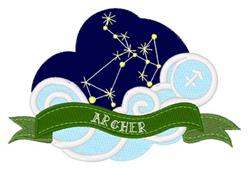 Whimsical constellation Archer banner with stars and lines on dark blue sky, surrounded by light blue clouds.