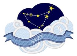 Colorful constellation design with yellow stars and blue clouds, featuring a blue ribbon that says 'GOAT'.