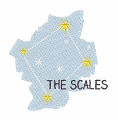 Playful constellation shape in light blue with yellow stars and bold black text 'THE SCALES'.