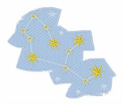 Playful constellation design featuring yellow stars and white lines on a light blue background.