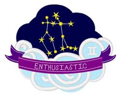 Playful constellation symbol with bright stars on dark blue sky, fluffy light blue clouds, and a purple banner saying 'ENTHUS